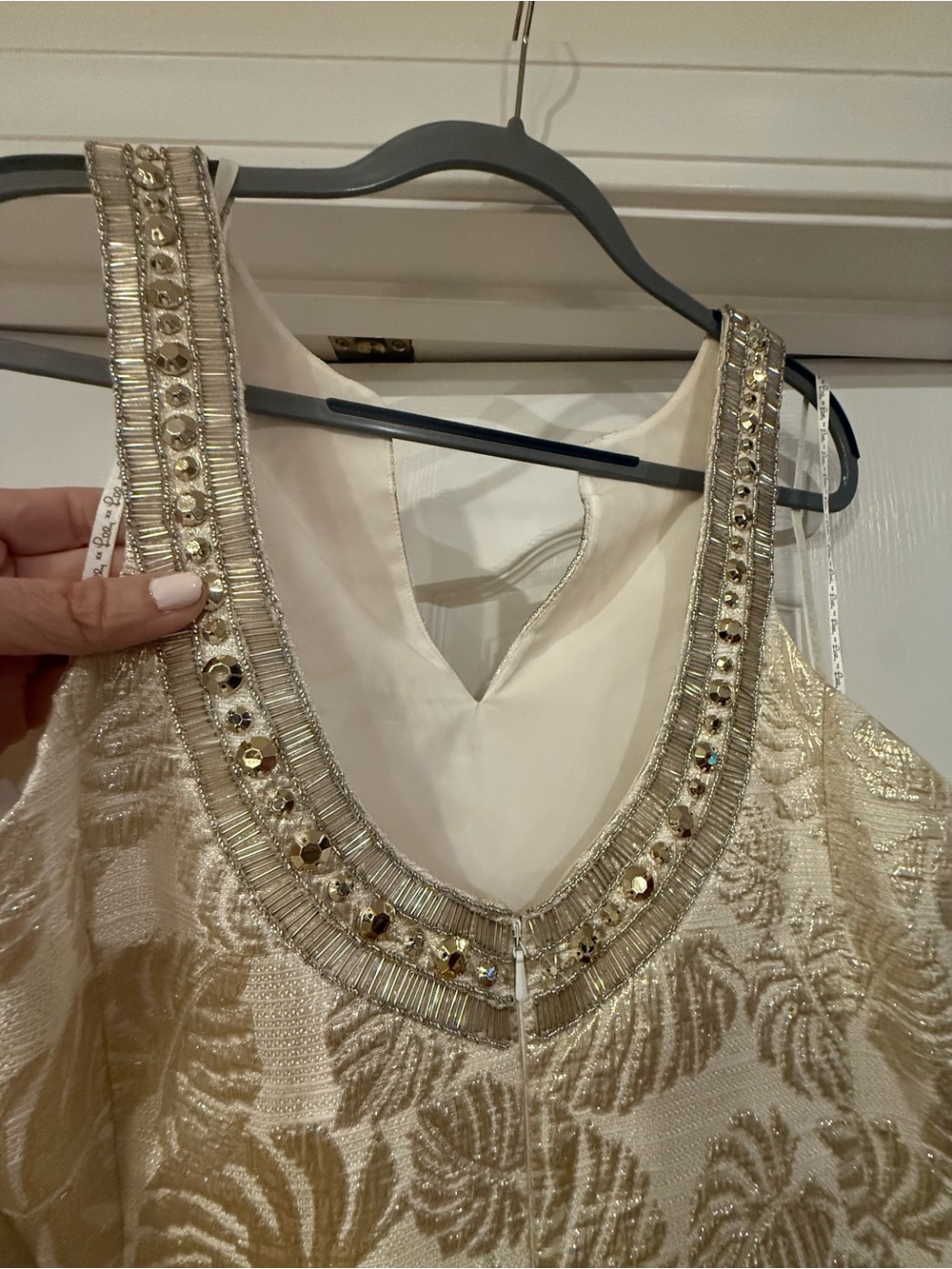 Lilly Pulitzer Ivory and Gold Leaf Embellished Mini Dress. - Picture 7 of 11